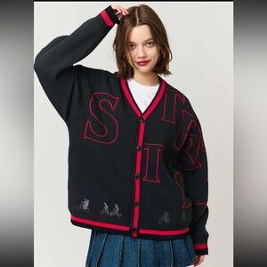 GRANIPH Stranger Things Logo Jacquard Cardigan Graphic Print Black SZ Small NEW